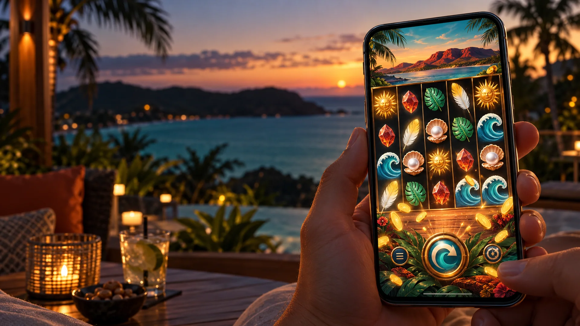 Promotional illustration of adult hands using a phone with an original tropical Australian-style slot game at sunset